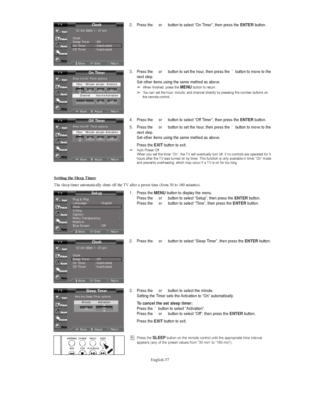 Samsung TX-S3079WH, TX-S3080WH, TX S3080WH manual Setting the Sleep Timer, To cancel the set sleep timer, English-37 