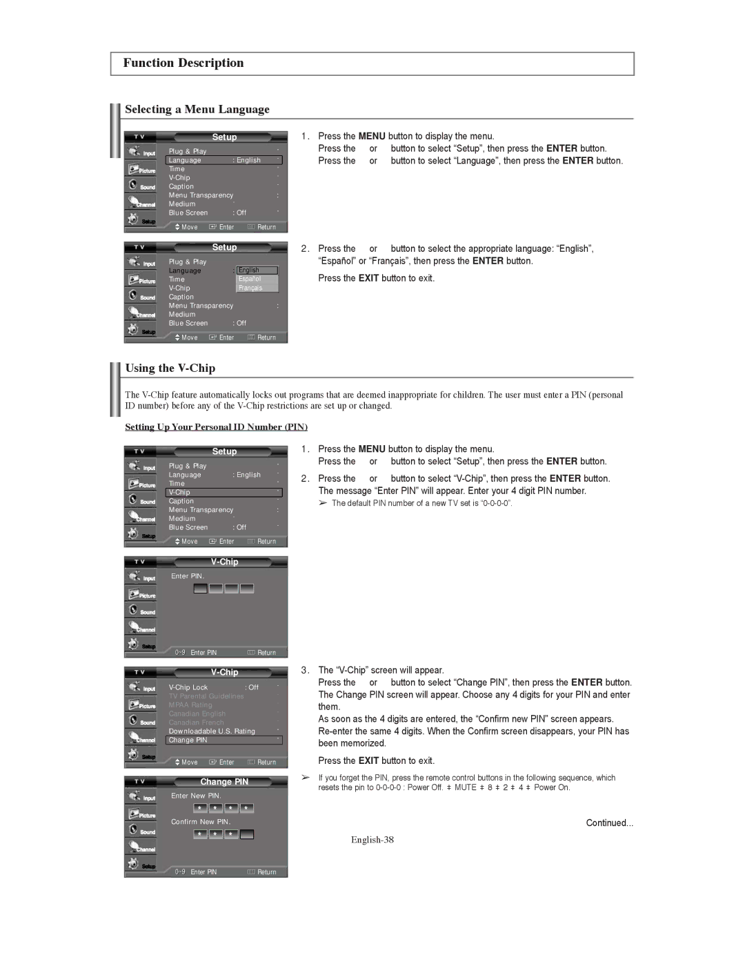 Samsung TX S3080WH, TX-S3079WH, TX-S3080WH Function Description, Selecting a Menu Language, Using the V-Chip, English-38 