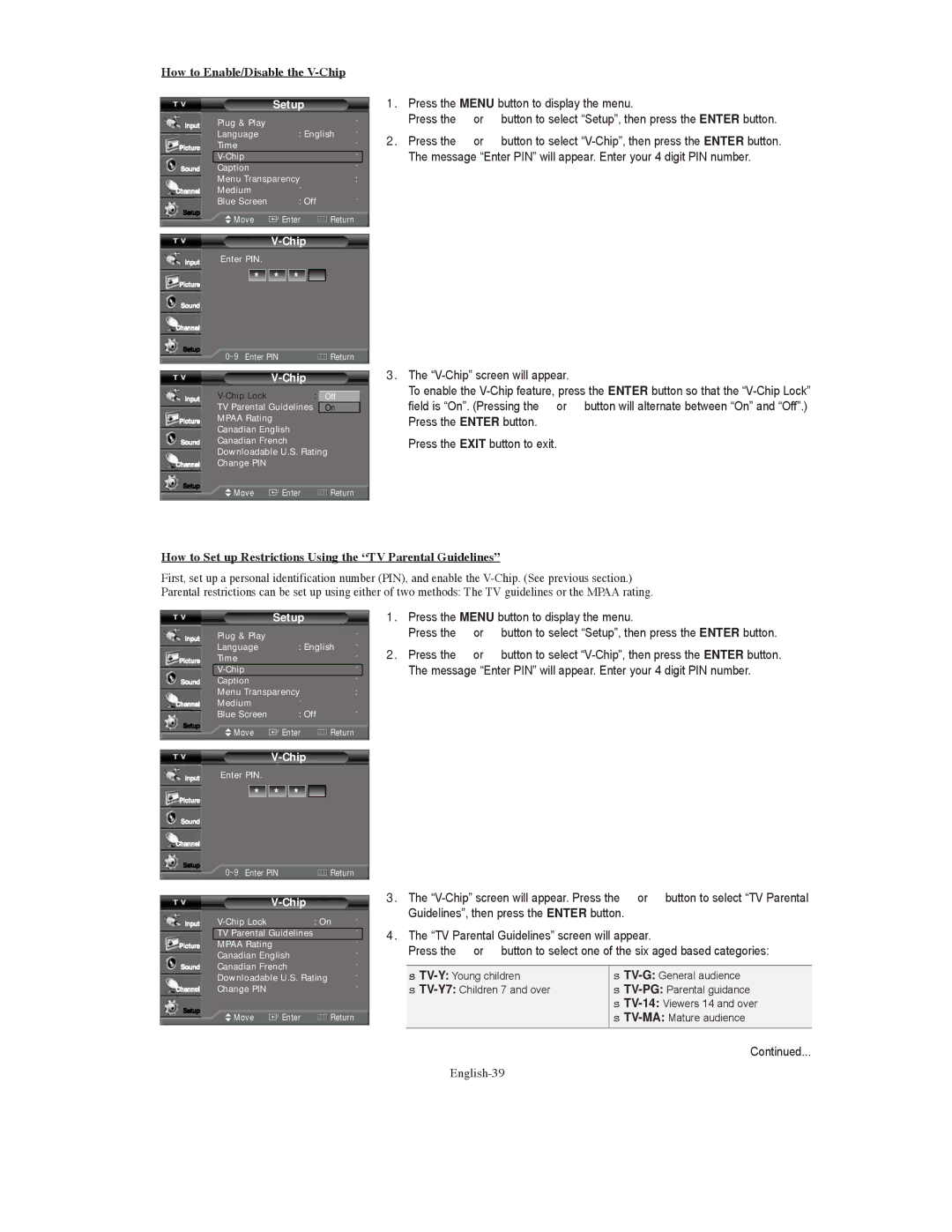 Samsung TX-S3079WH, TX-S3080WH, TX S3080WH manual How to Set up Restrictions Using the TV Parental Guidelines, English-39 