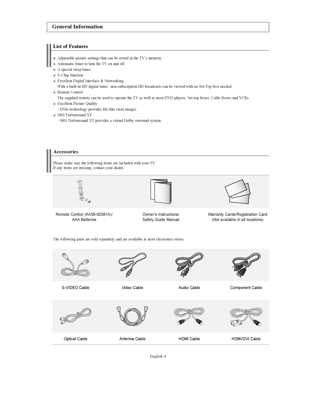 Samsung TX S3080WH manual General Information, List of Features, Accessories, Owner’s Instructions, Safety Guide Manual 