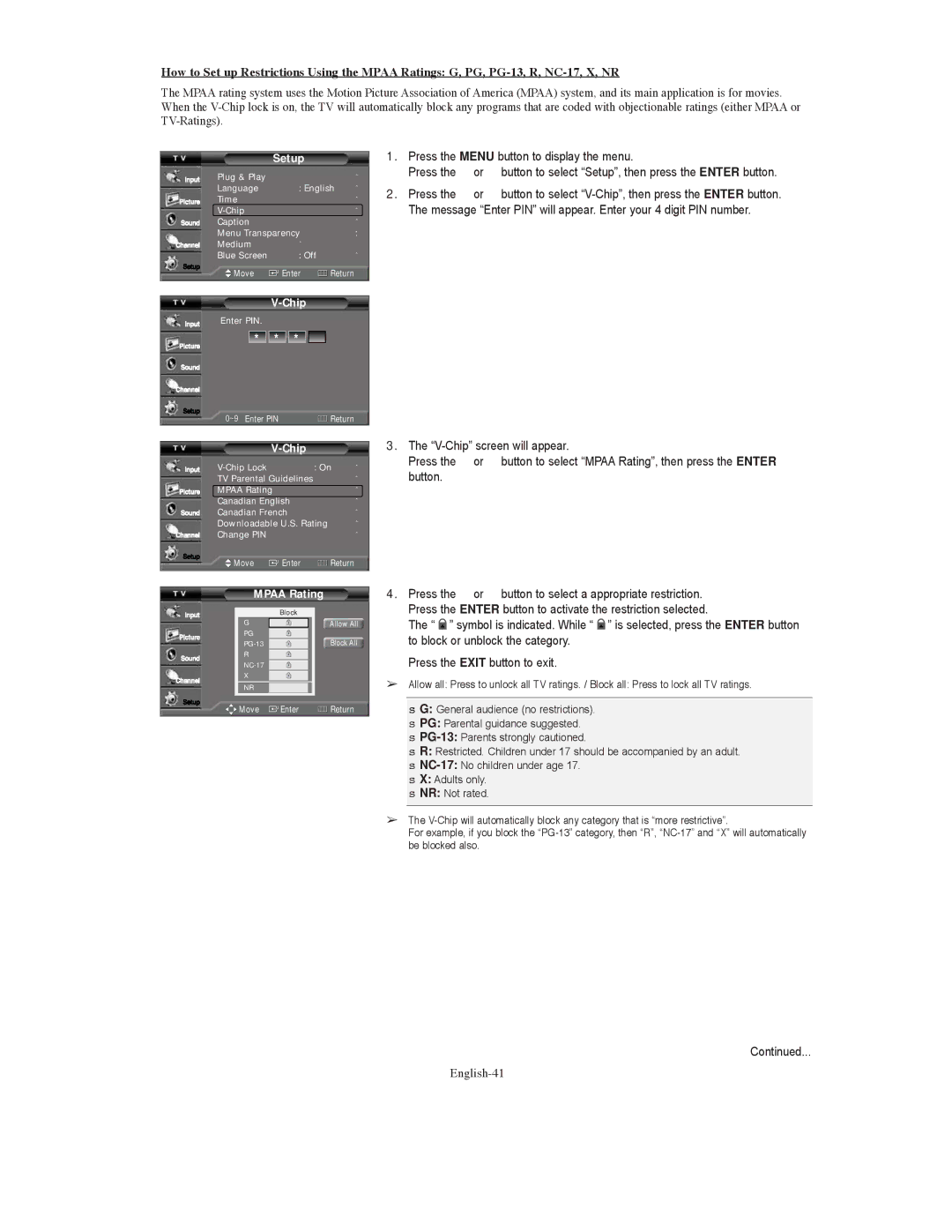 Samsung TX-S3079WH, TX-S3080WH, TX S3080WH manual English-41, Mpaa Rating 