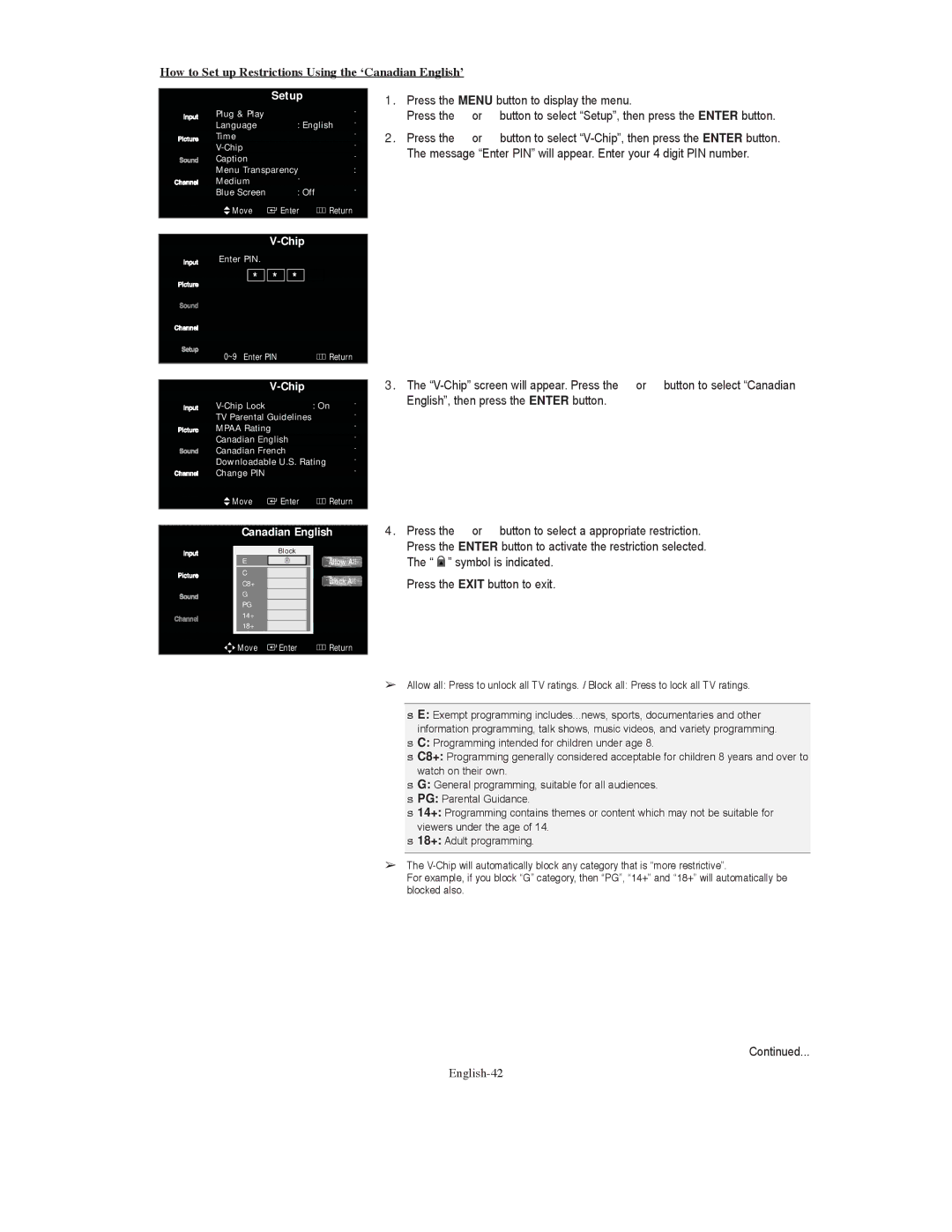 Samsung TX S3080WH, TX-S3079WH, TX-S3080WH manual How to Set up Restrictions Using the ‘Canadian English’, English-42 