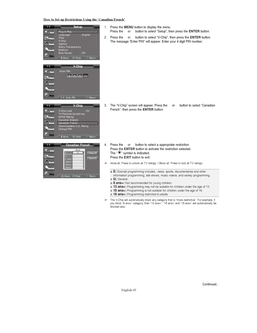 Samsung TX-S3079WH, TX-S3080WH, TX S3080WH manual How to Set up Restrictions Using the ‘Canadian French’, English-43 