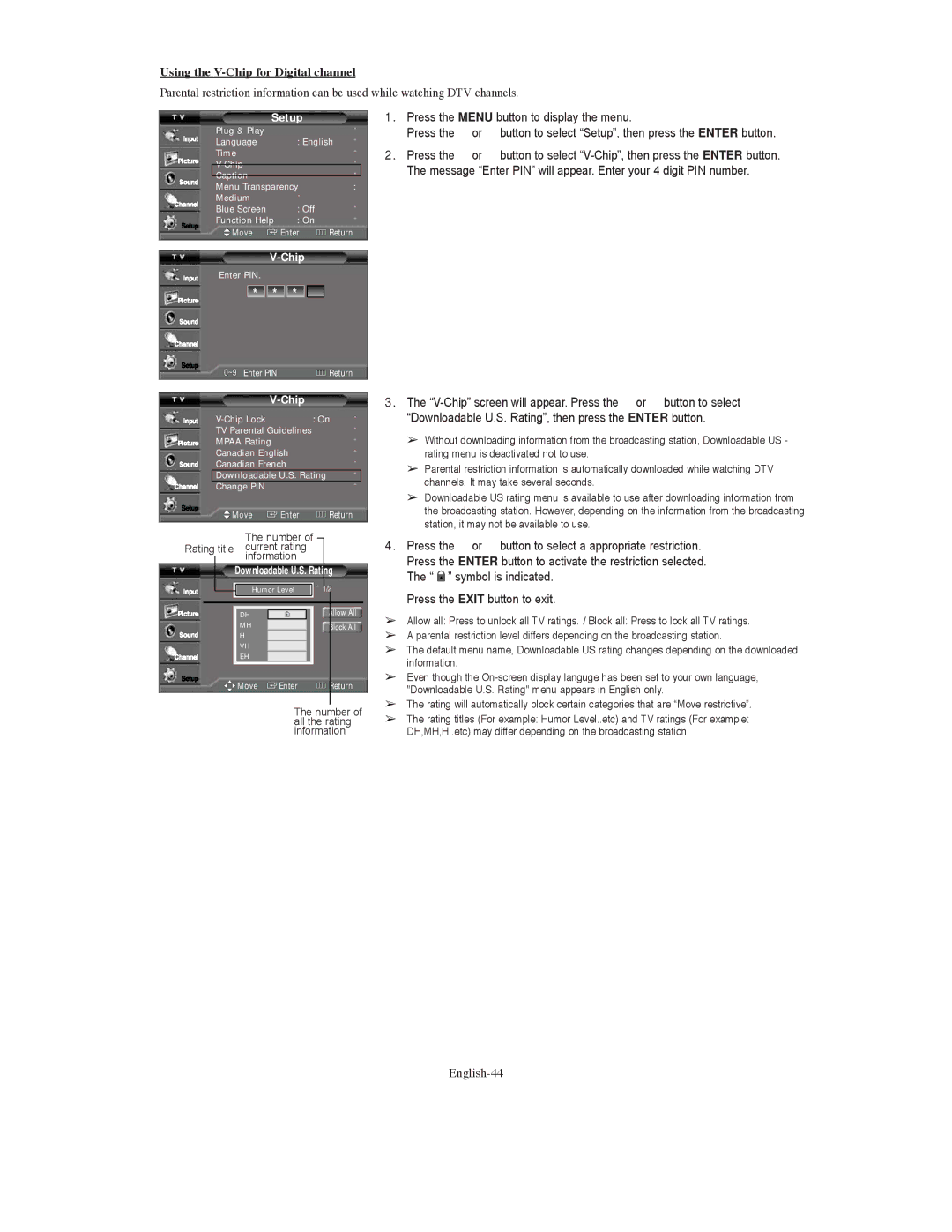 Samsung TX S3080WH, TX-S3079WH, TX-S3080WH manual Using the V-Chip for Digital channel, English-44, Downloadable U.S. Rating 