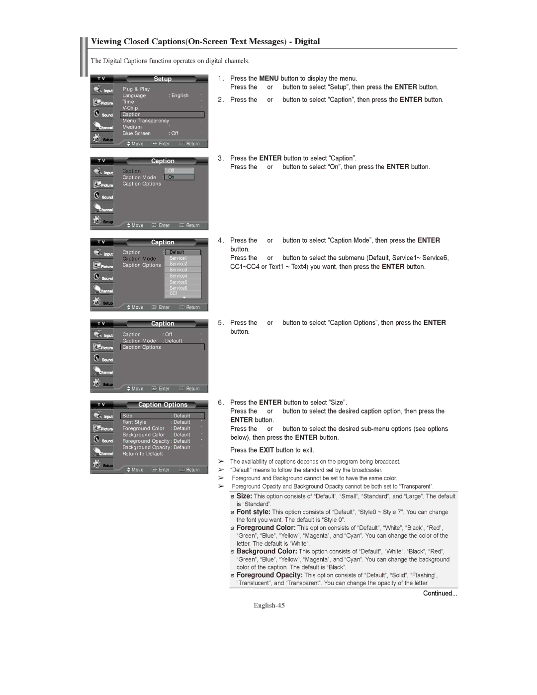 Samsung TX-S3079WH, TX-S3080WH manual Viewing Closed CaptionsOn-Screen Text Messages Digital, English-45, Caption Options 