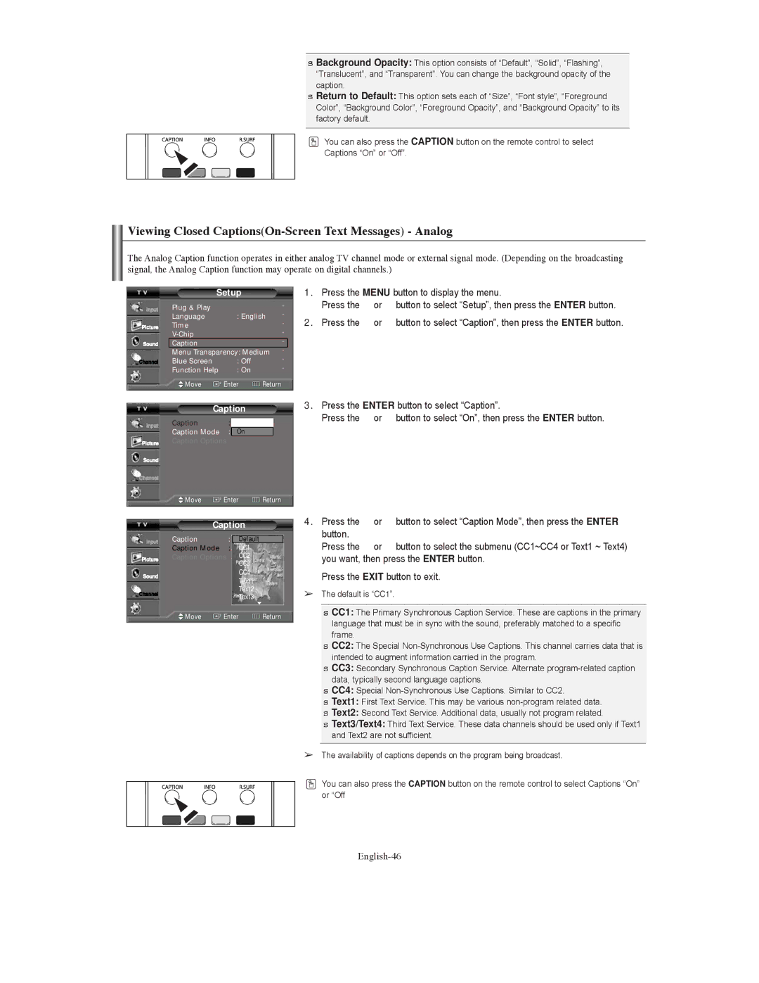 Samsung TX S3080WH, TX-S3079WH, TX-S3080WH manual Viewing Closed CaptionsOn-Screen Text Messages Analog, English-46 