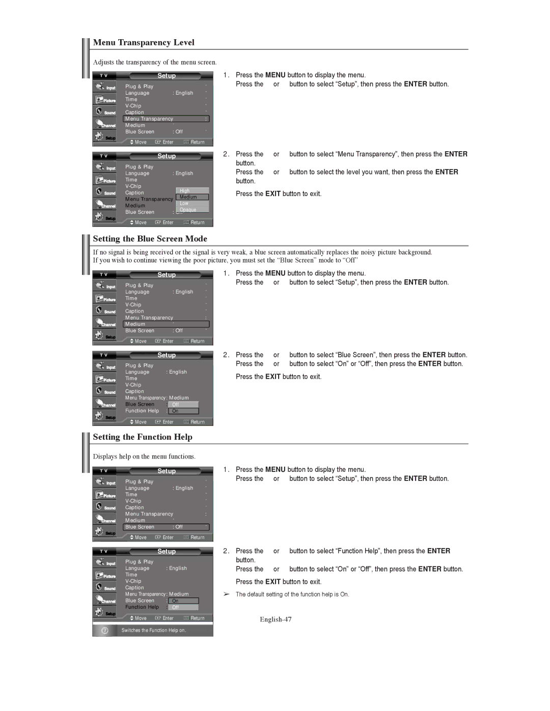 Samsung TX-S3079WH, TX-S3080WH manual Menu Transparency Level, Setting the Blue Screen Mode, Setting the Function Help 