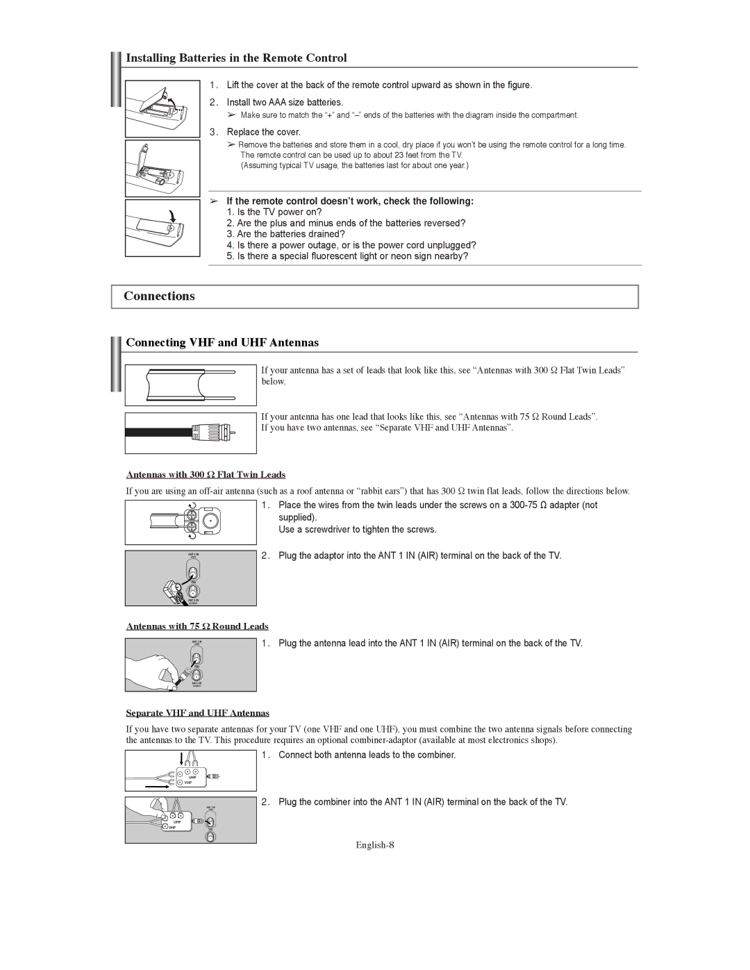 Samsung TX S3080WH manual Connections, Installing Batteries in the Remote Control, Connecting VHF and UHF Antennas 