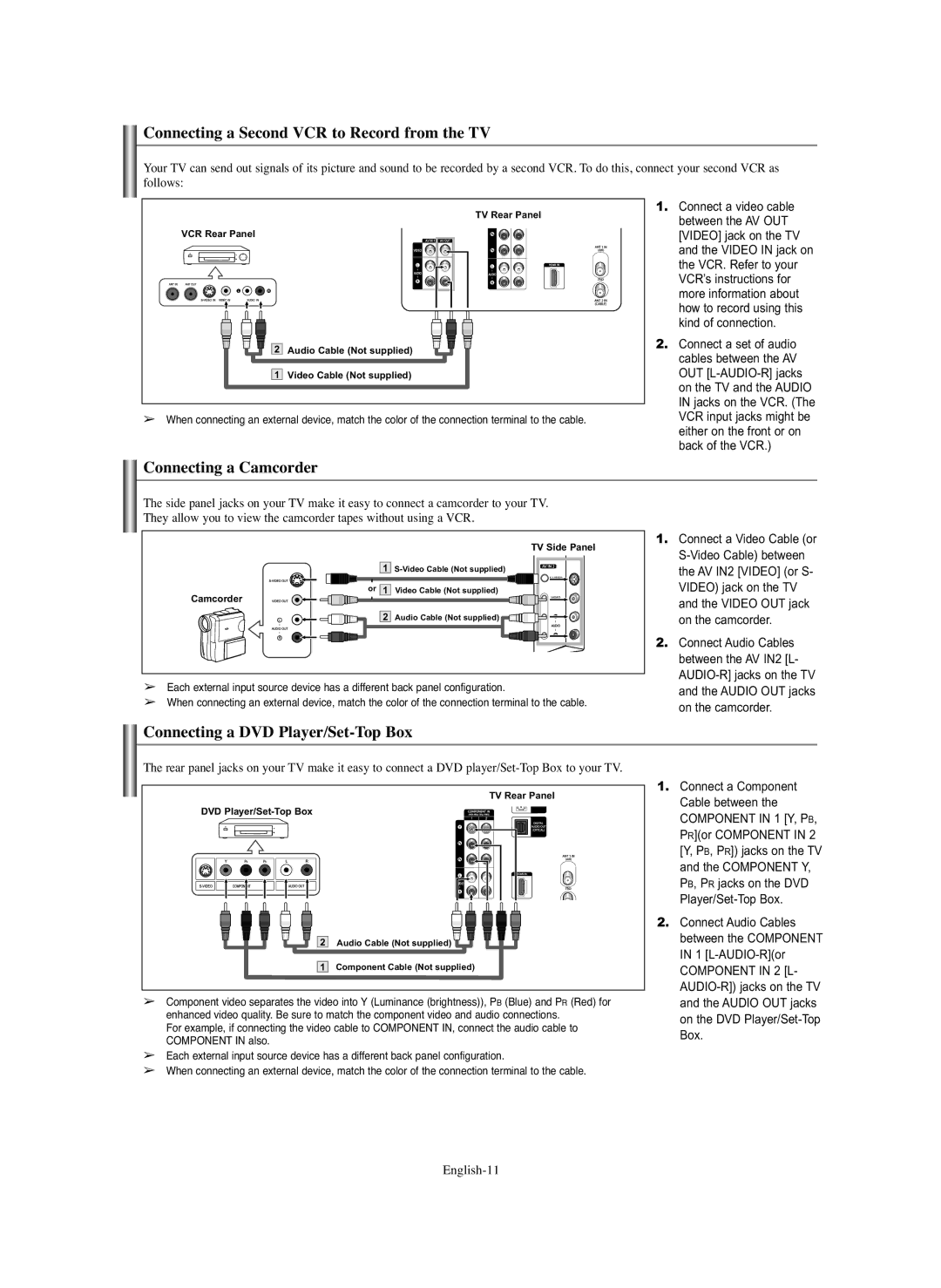 Samsung TX-S2779H, TX S3082WH, TX S2782H Connecting a Second VCR to Record from the TV, Connecting a Camcorder, English-11 