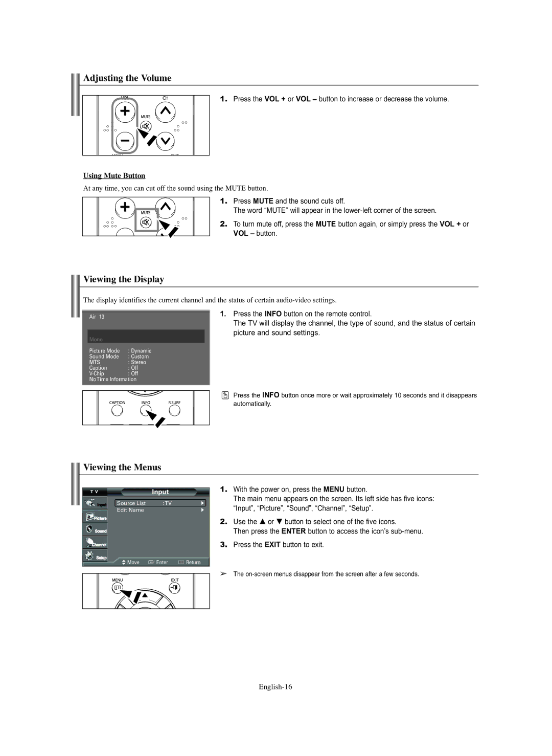 Samsung TX S2782H, TX S3082WH Adjusting the Volume, Viewing the Display, Viewing the Menus, Using Mute Button, English-16 