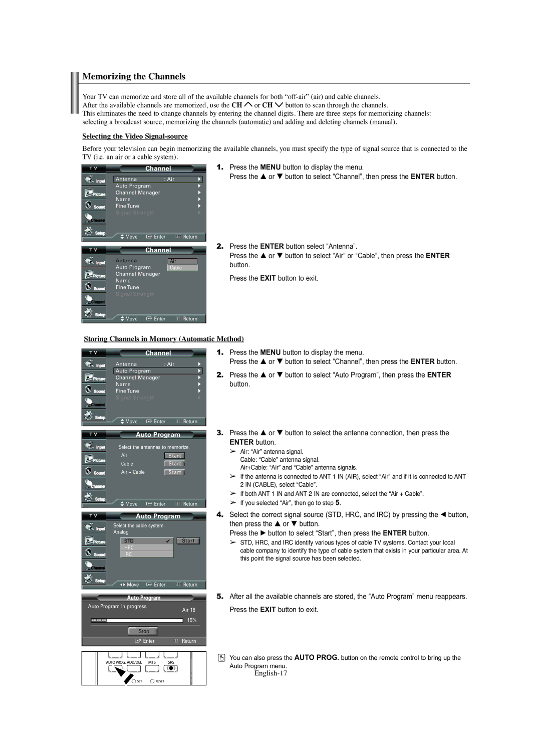 Samsung TX-S2779H Memorizing the Channels, Selecting the Video Signal-source, Storing Channels in Memory Automatic Method 