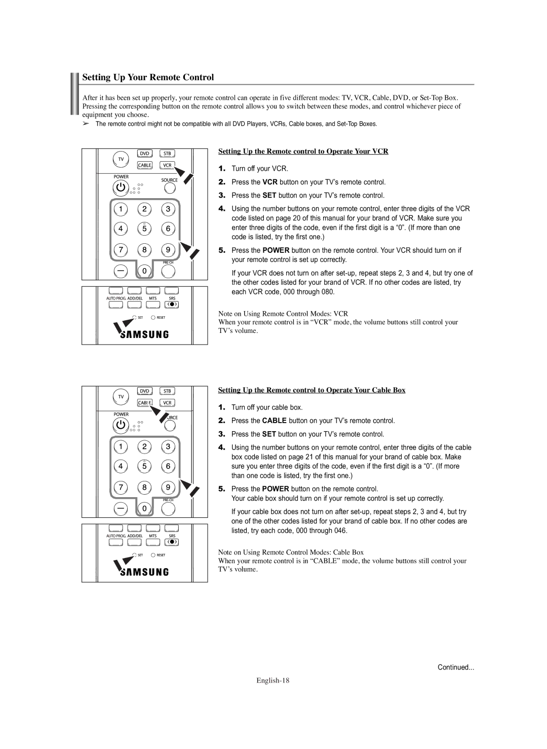 Samsung TX S3082WH, TX S2782H, TX-S2779H Setting Up Your Remote Control, Setting Up the Remote control to Operate Your VCR 