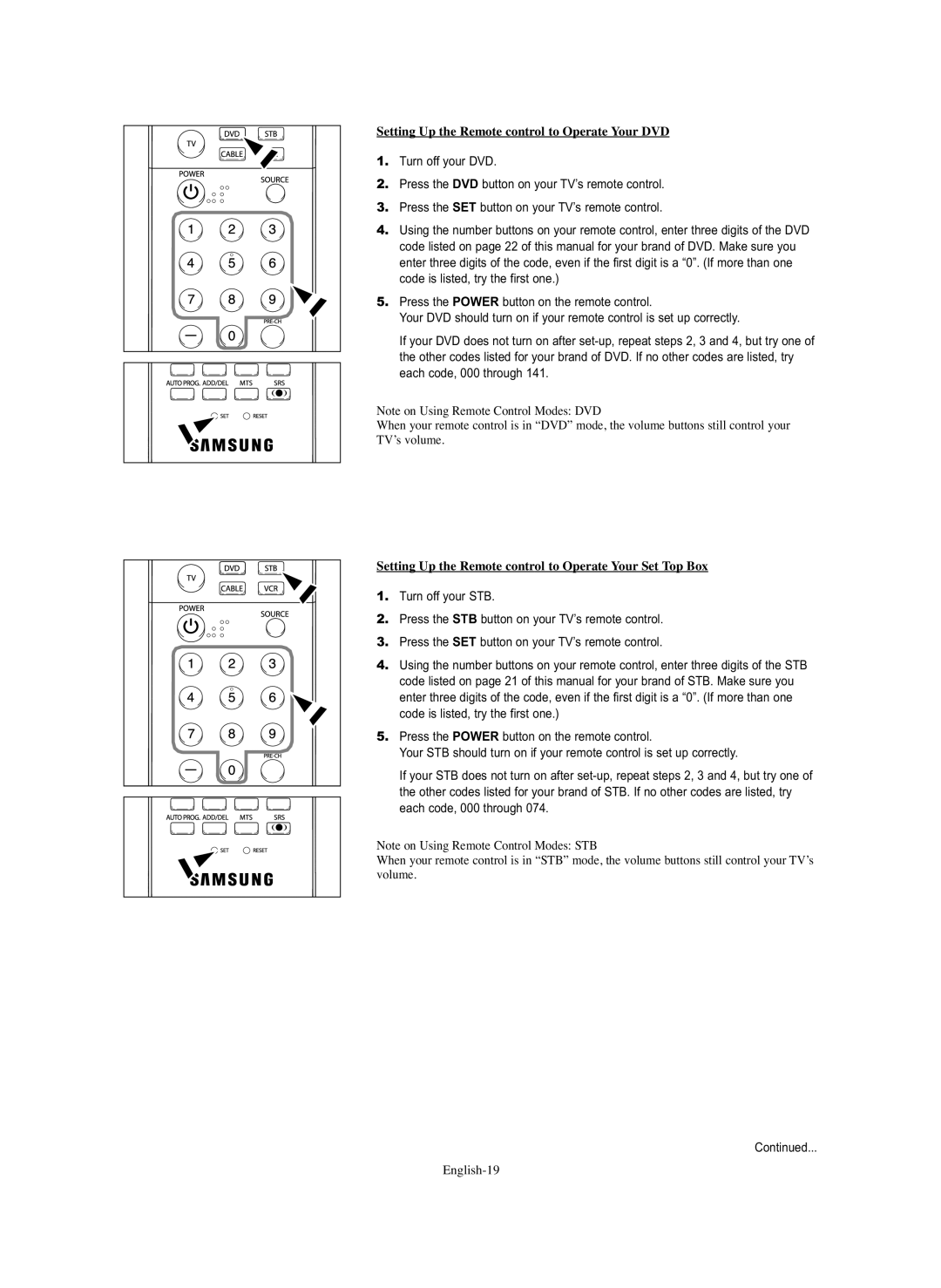 Samsung TX S2782H, TX S3082WH, TX-S2779H manual Setting Up the Remote control to Operate Your DVD 