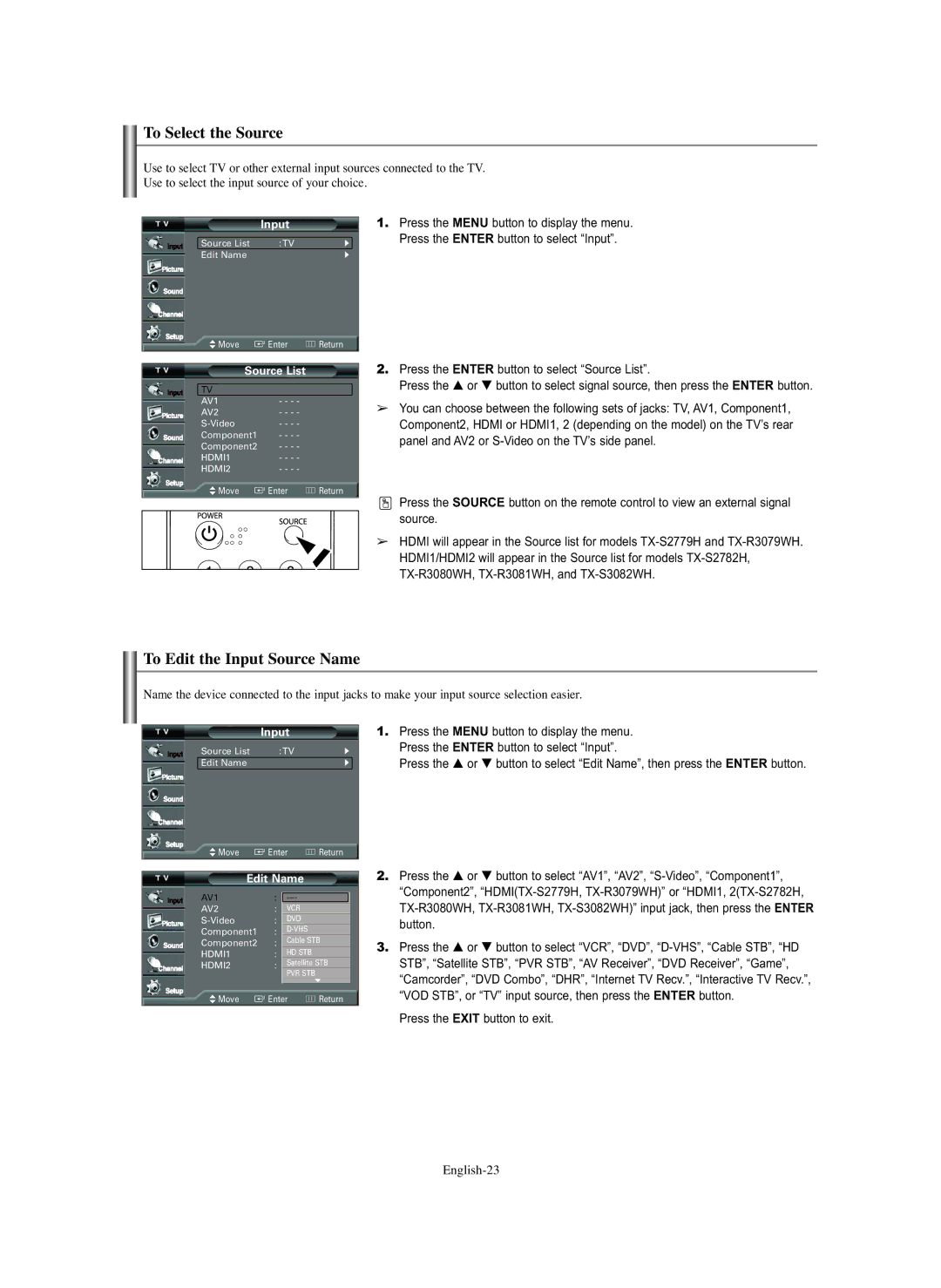 Samsung TX-S2779H, TX S3082WH manual To Select the Source, To Edit the Input Source Name, English-23, Source List, Edit Name 