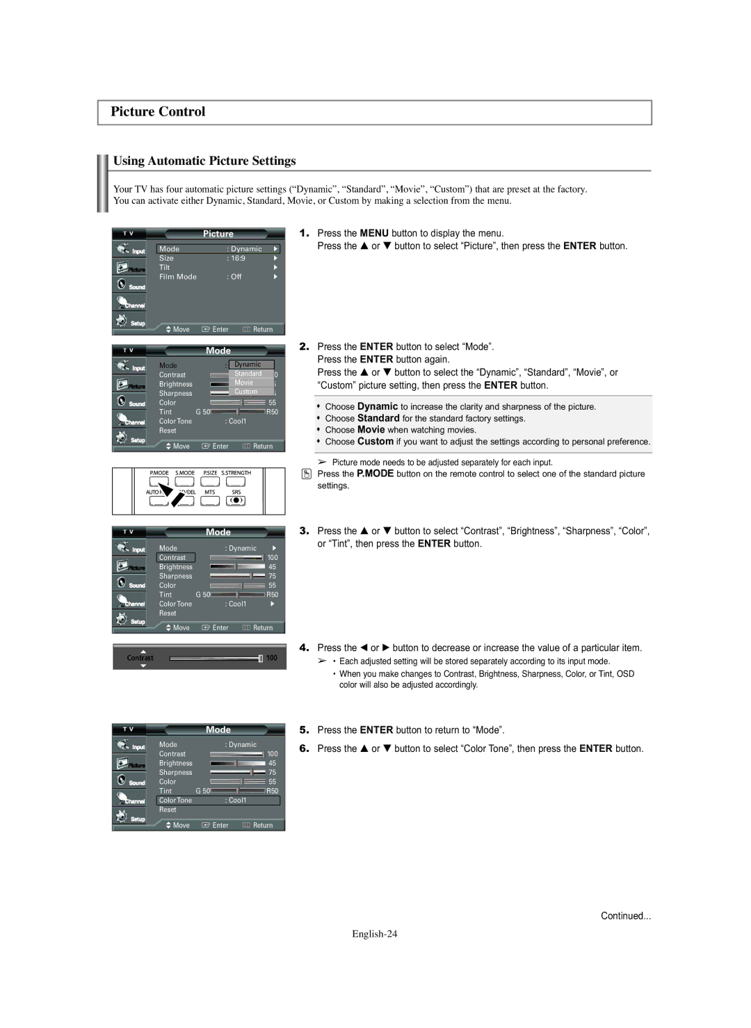 Samsung TX S3082WH, TX S2782H, TX-S2779H manual Picture Control, Using Automatic Picture Settings, English-24, Mode 