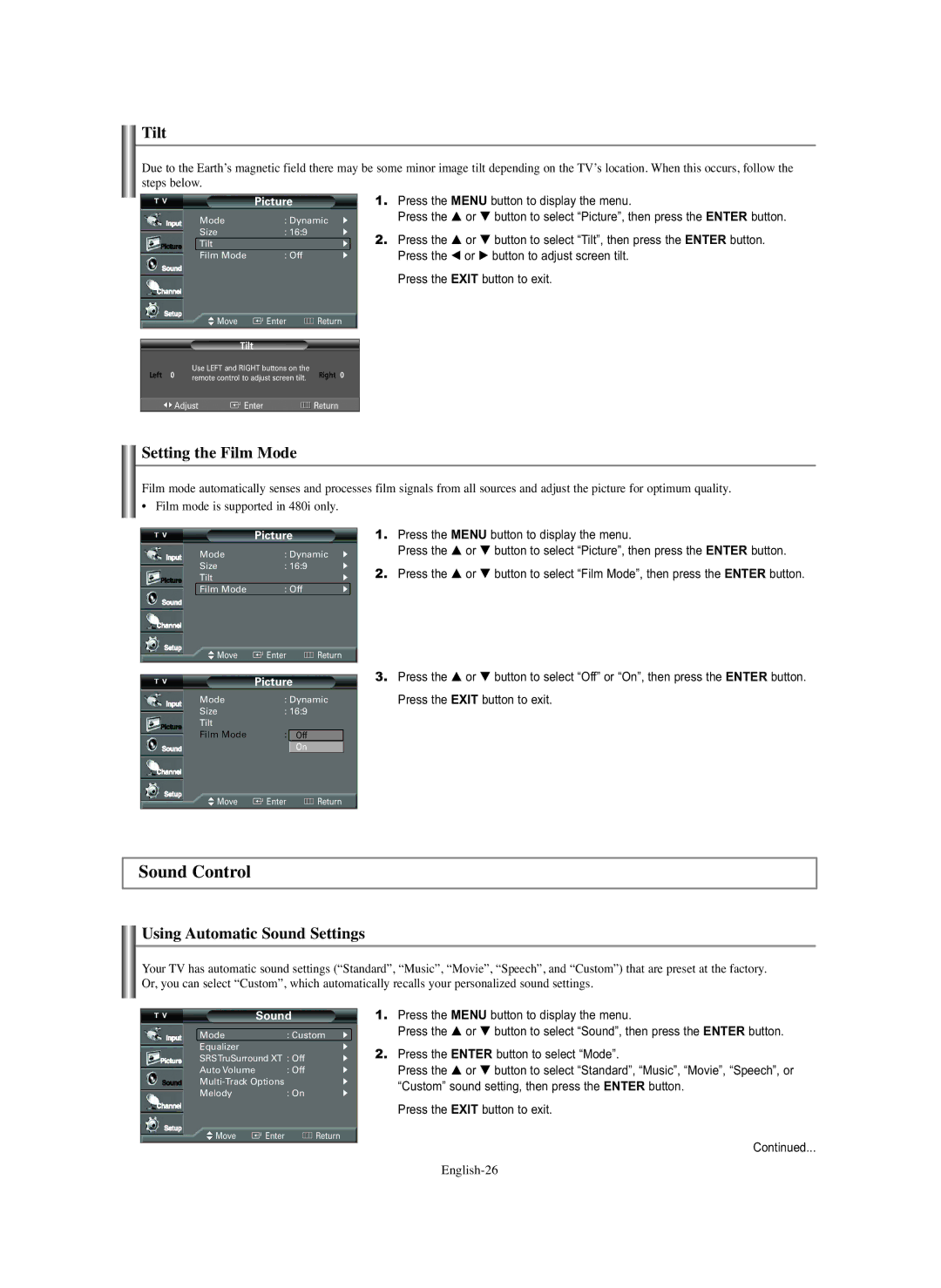 Samsung TX-S2779H, TX S3082WH manual Sound Control, Tilt, Setting the Film Mode, Using Automatic Sound Settings, English-26 