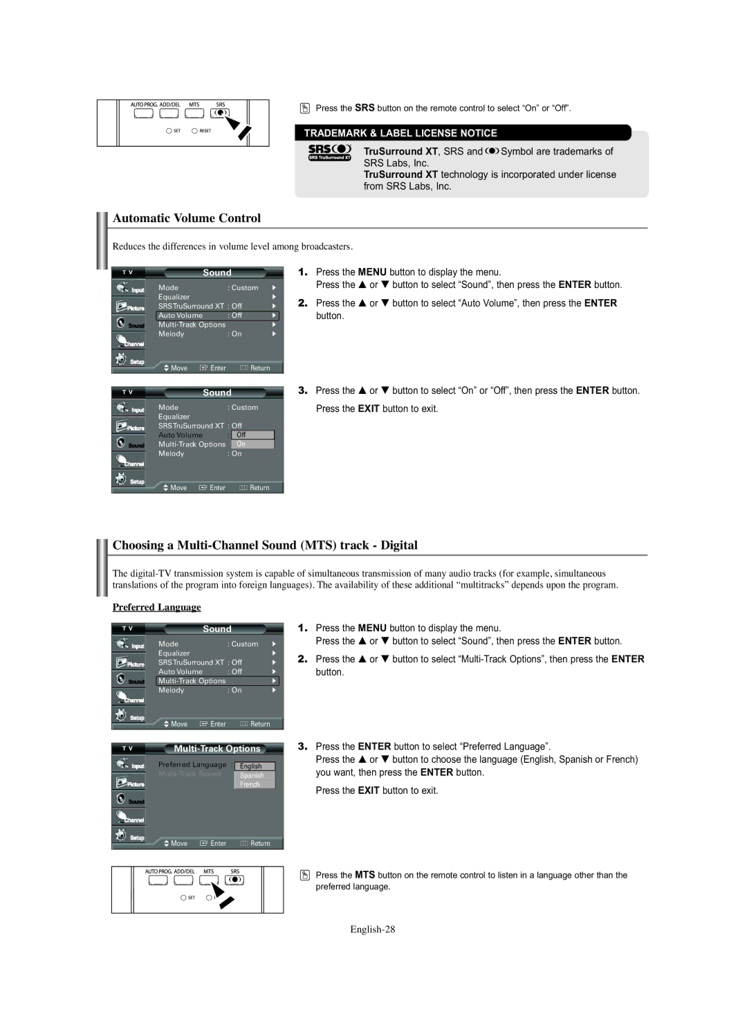 Samsung TX S2782H manual Automatic Volume Control, Choosing a Multi-Channel Sound MTS track Digital, Preferred Language 