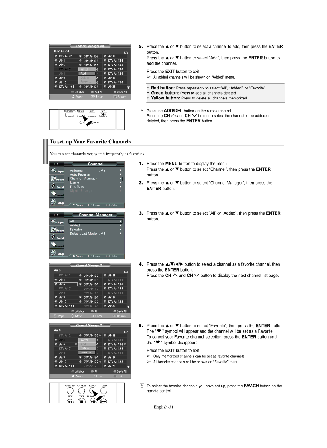 Samsung TX S2782H To set-up Your Favorite Channels, You can set channels you watch frequently as favorites, English-31 