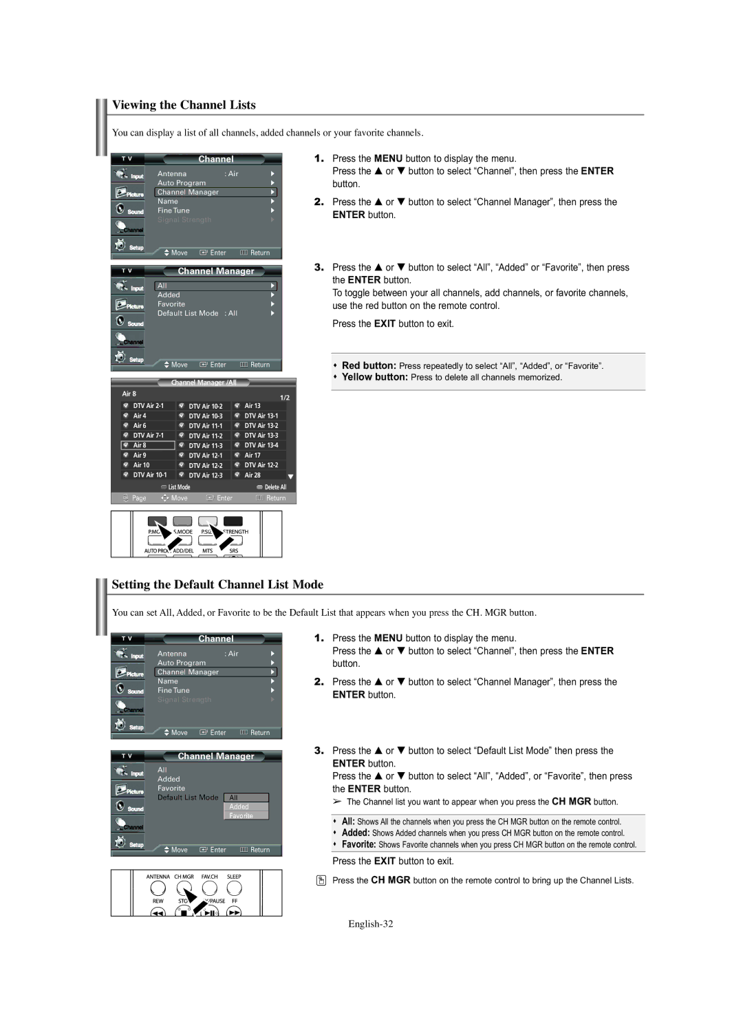 Samsung TX-S2779H, TX S3082WH, TX S2782H manual Viewing the Channel Lists, Setting the Default Channel List Mode, English-32 