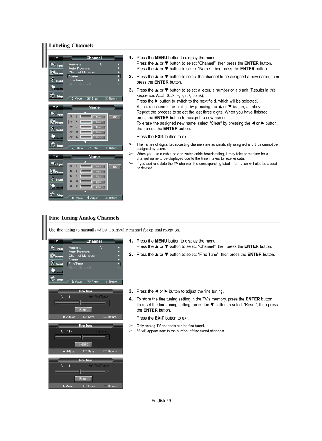 Samsung TX S3082WH Labeling Channels, Fine Tuning Analog Channels, Press the Menu button to display the menu, English-33 