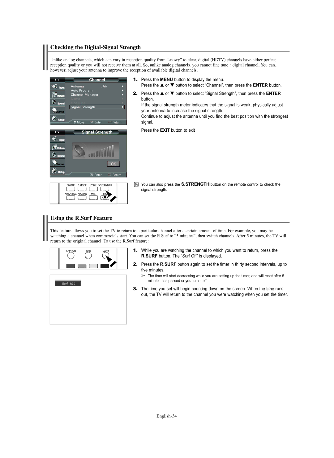 Samsung TX S2782H, TX S3082WH, TX-S2779H manual Checking the Digital-Signal Strength, Using the R.Surf Feature, English-34 