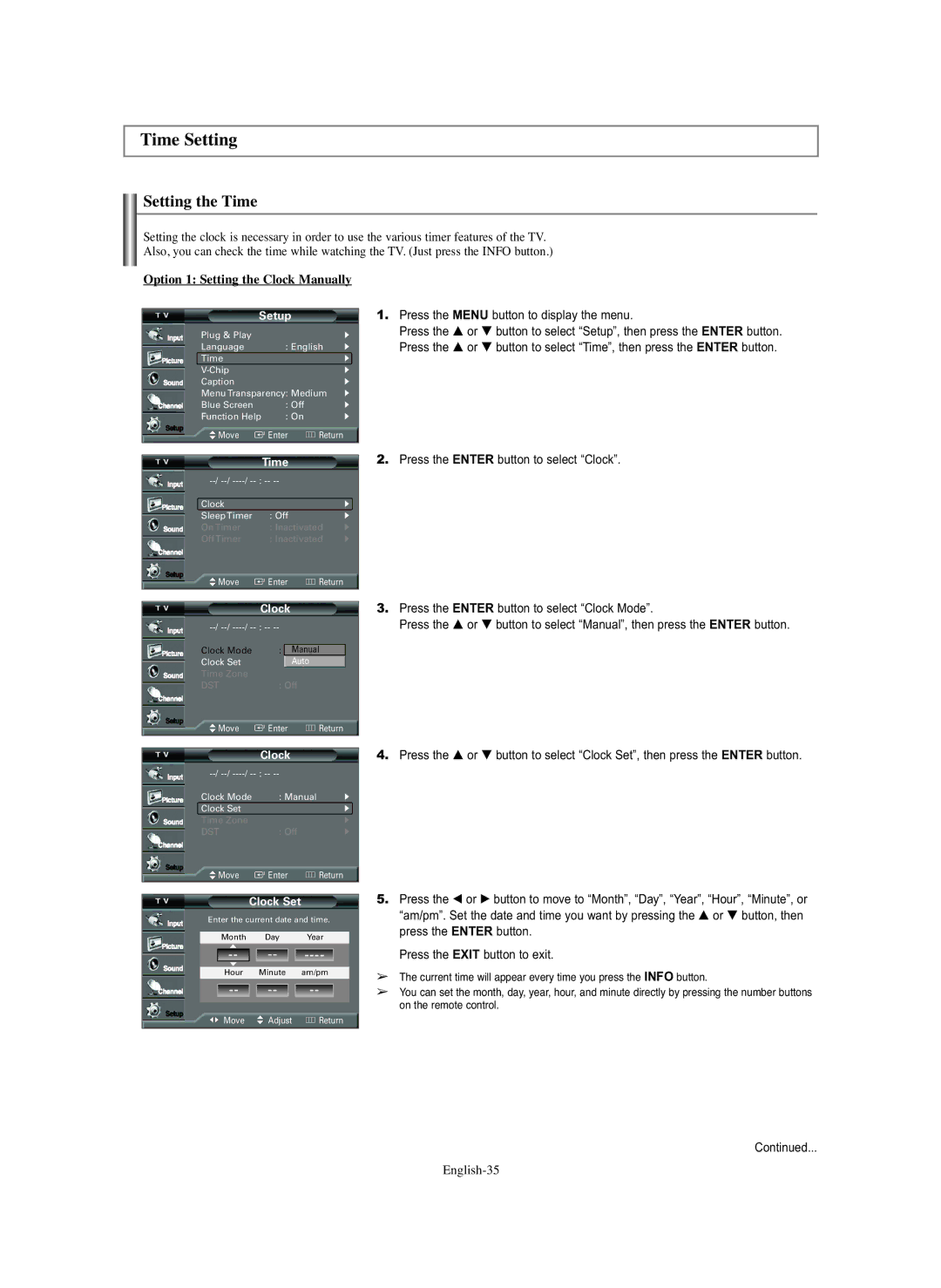 Samsung TX-S2779H, TX S3082WH, TX S2782H Time Setting, Setting the Time, Option 1 Setting the Clock Manually, English-35 