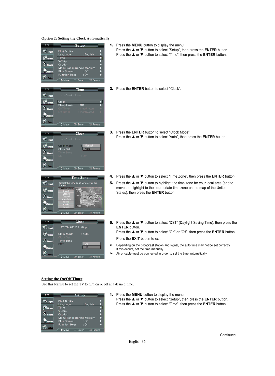 Samsung TX S3082WH, TX S2782H Option 2 Setting the Clock Automatically, Setting the On/Off Timer, English-36, Time Zone 