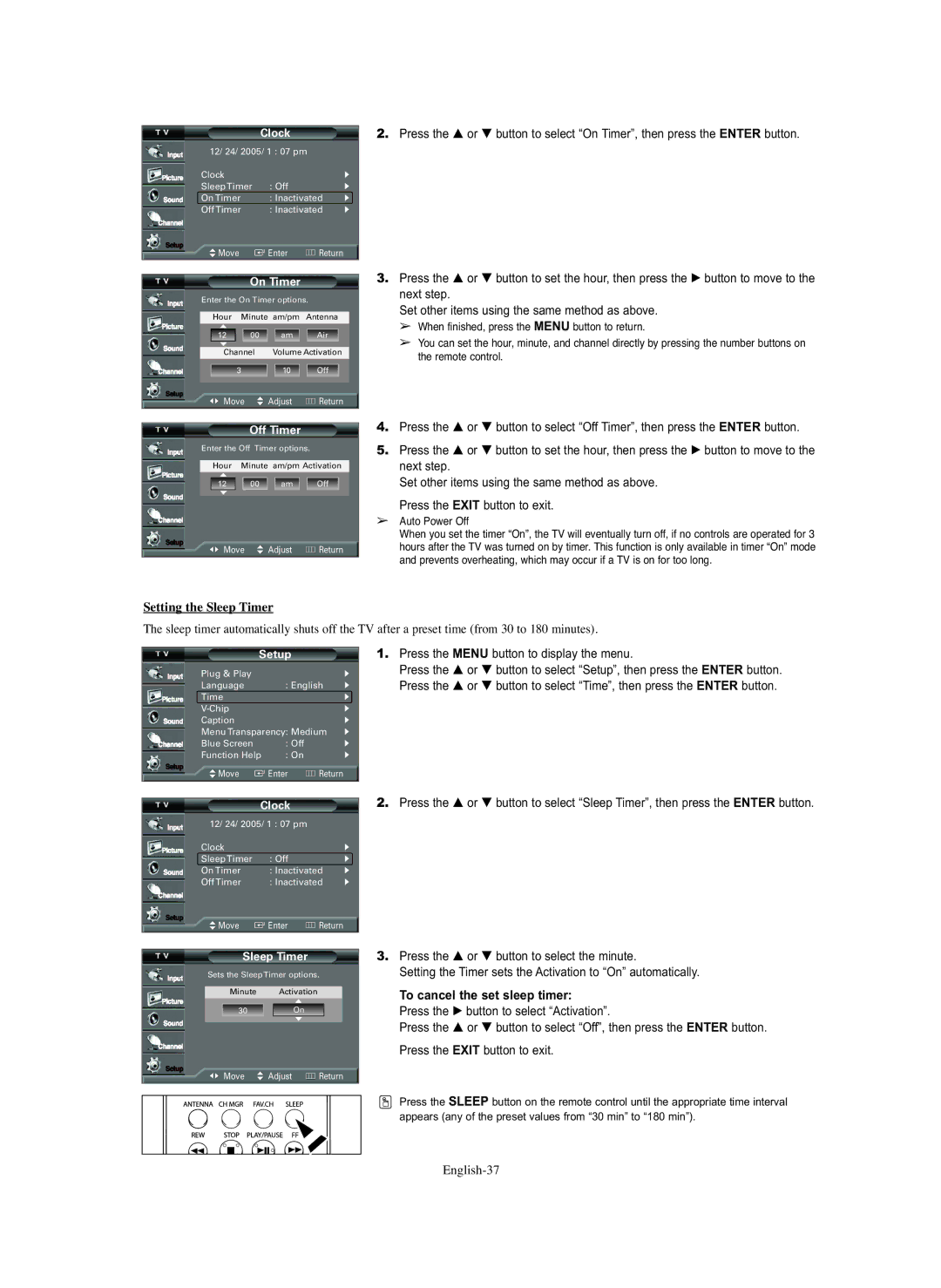 Samsung TX S2782H, TX S3082WH, TX-S2779H manual Setting the Sleep Timer, To cancel the set sleep timer, English-37 