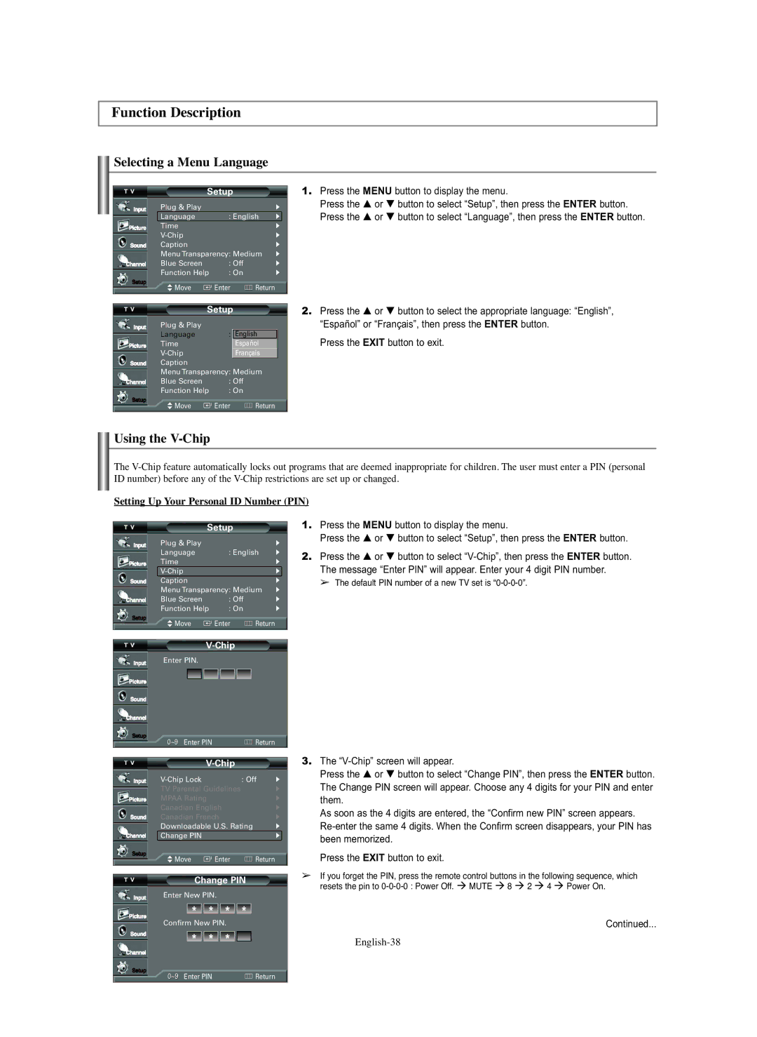 Samsung TX-S2779H, TX S3082WH, TX S2782H manual Function Description, Selecting a Menu Language, Using the V-Chip, English-38 