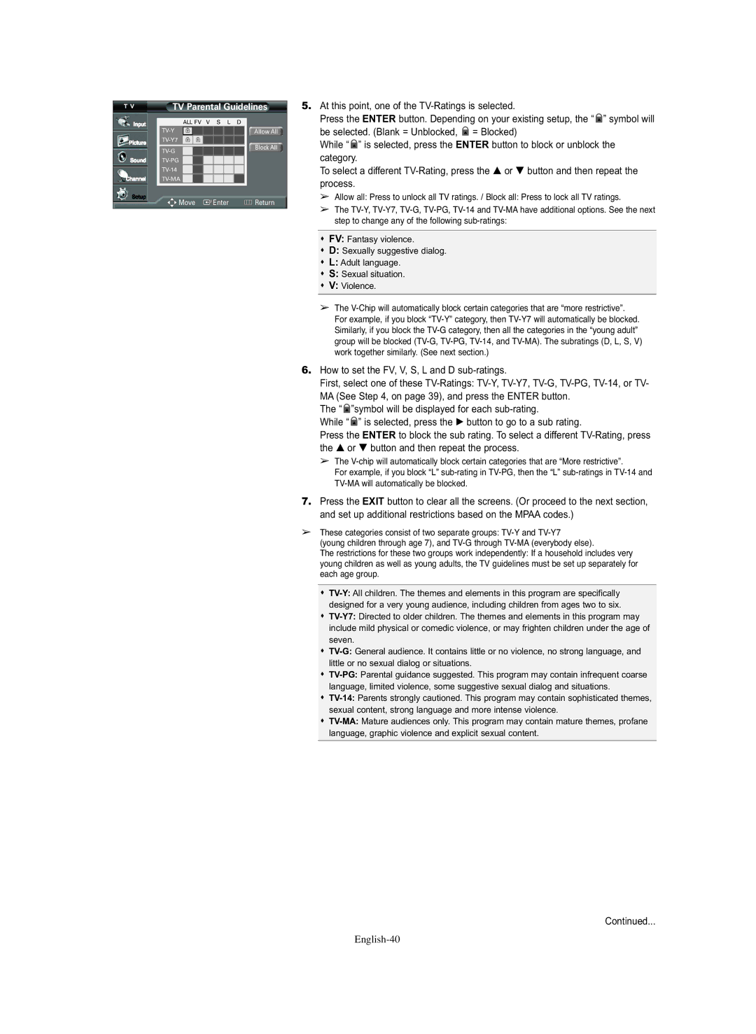 Samsung TX S2782H, TX S3082WH, TX-S2779H How to set the FV, V, S, L and D sub-ratings, English-40, TV Parental Guidelines 