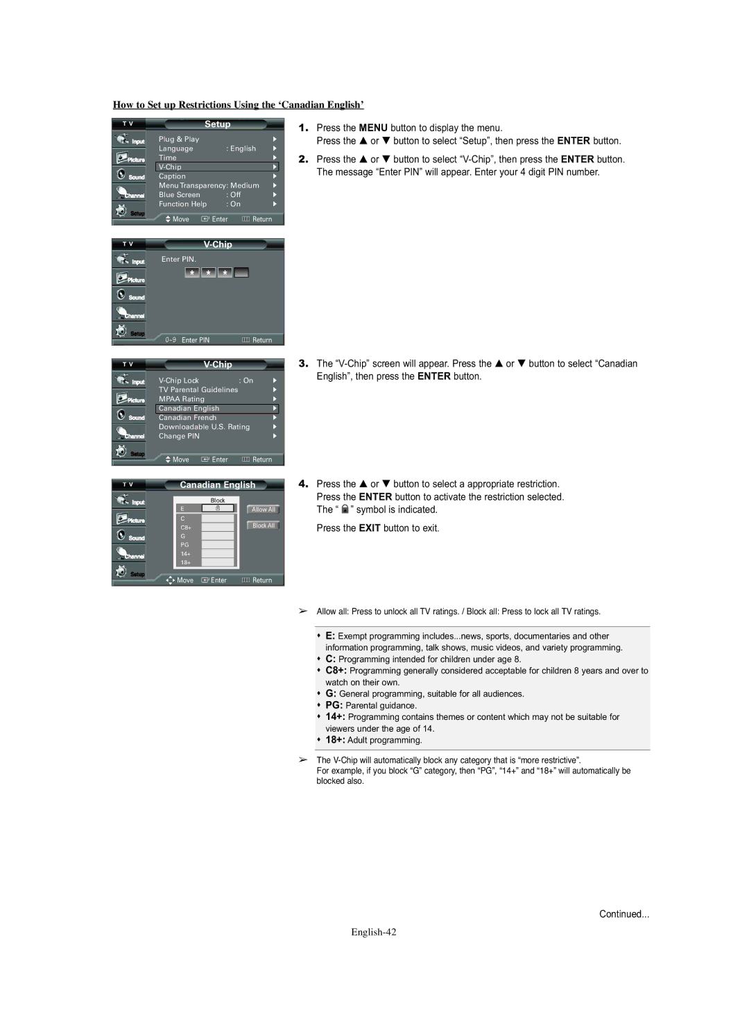 Samsung TX S3082WH, TX S2782H, TX-S2779H manual How to Set up Restrictions Using the ‘Canadian English’, English-42 