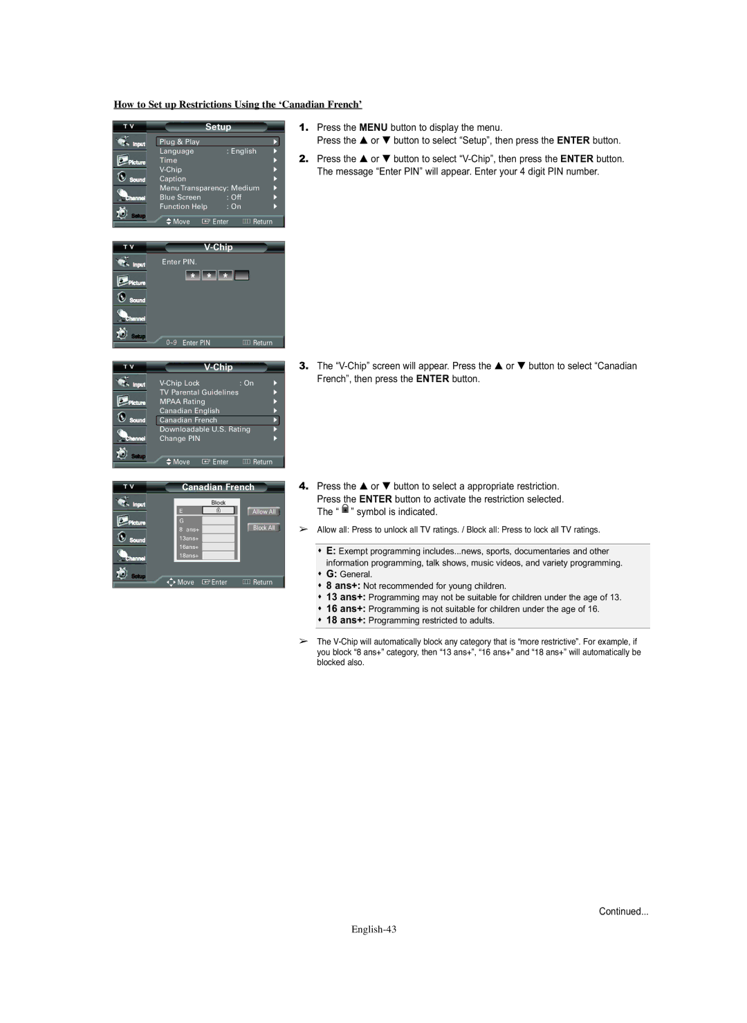 Samsung TX S2782H, TX S3082WH, TX-S2779H manual How to Set up Restrictions Using the ‘Canadian French’, English-43 