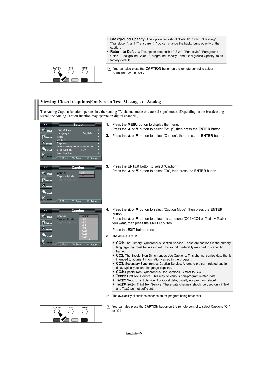 Samsung TX S2782H, TX S3082WH, TX-S2779H manual Viewing Closed CaptionsOn-Screen Text Messages Analog, English-46 