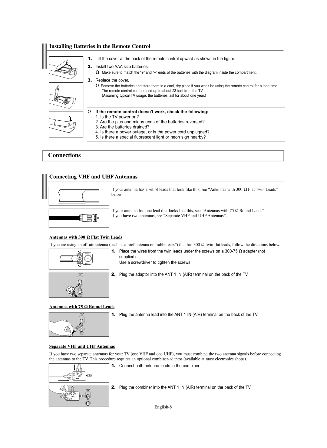 Samsung TX-S2779H, TX S3082WH Connections, Installing Batteries in the Remote Control, Connecting VHF and UHF Antennas 