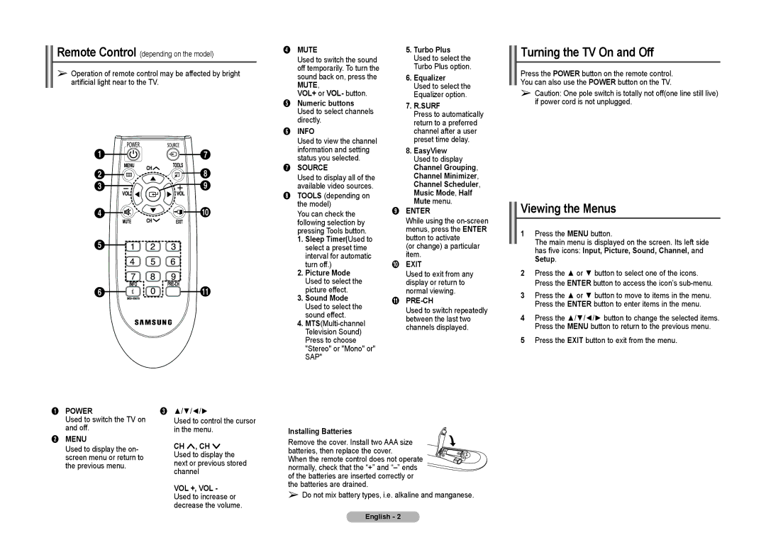 Samsung 2BF0, TX-T204, 2BA0 manual Turning the TV On and Off, Viewing the Menus 