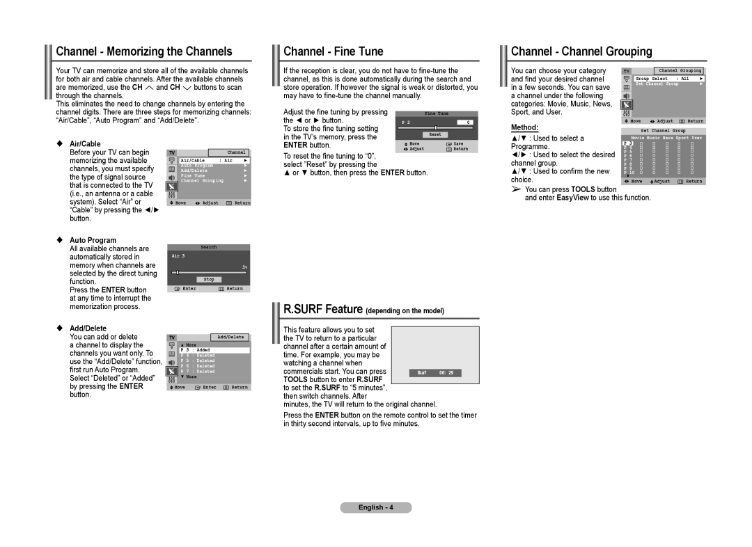 Samsung 2BA0, TX-T204, 2BF0 manual Channel Memorizing the Channels, Channel Fine Tune, Channel Channel Grouping 