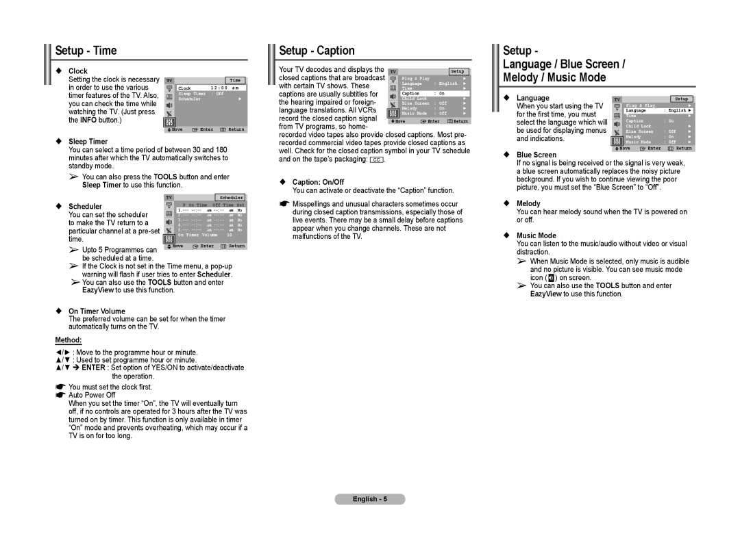 Samsung 2BF0, TX-T204, 2BA0 manual Setup Time Setup Caption, Language / Blue Screen Melody / Music Mode 