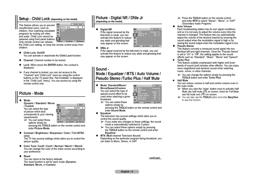 Samsung TX-T204, 2BA0, 2BF0 manual Picture Mode, Picture Digital NR / DNIe Jr, Sound 