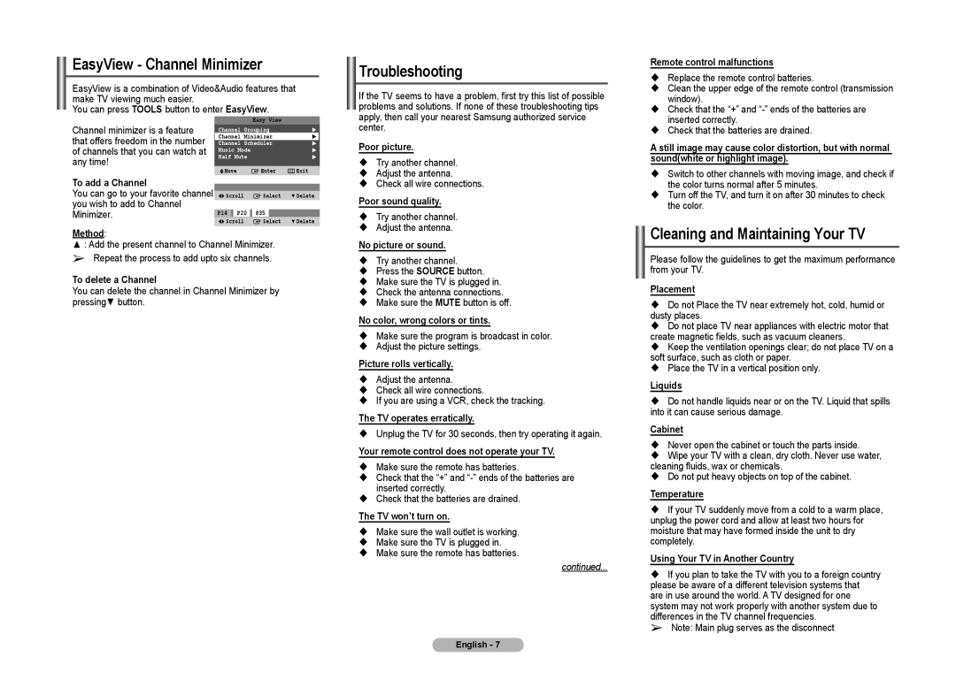 Samsung 2BA0, TX-T204, 2BF0 manual EasyView Channel Minimizer, Troubleshooting, Cleaning and Maintaining Your TV 