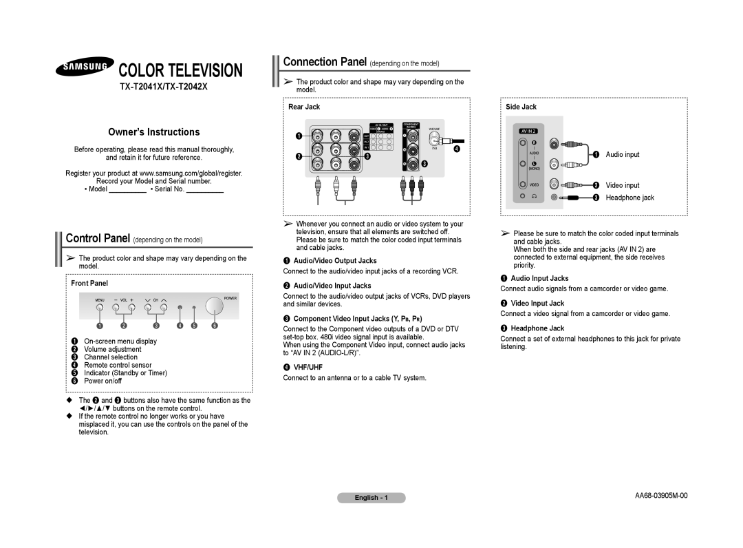 Samsung TX-T2042X, TX-T2041X manual Vhf/Uhf 