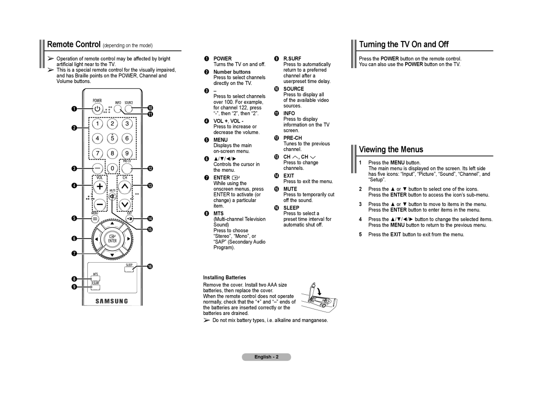 Samsung TX-T2041X, TX-T2042X manual Turning the TV On and Off, Viewing the Menus 