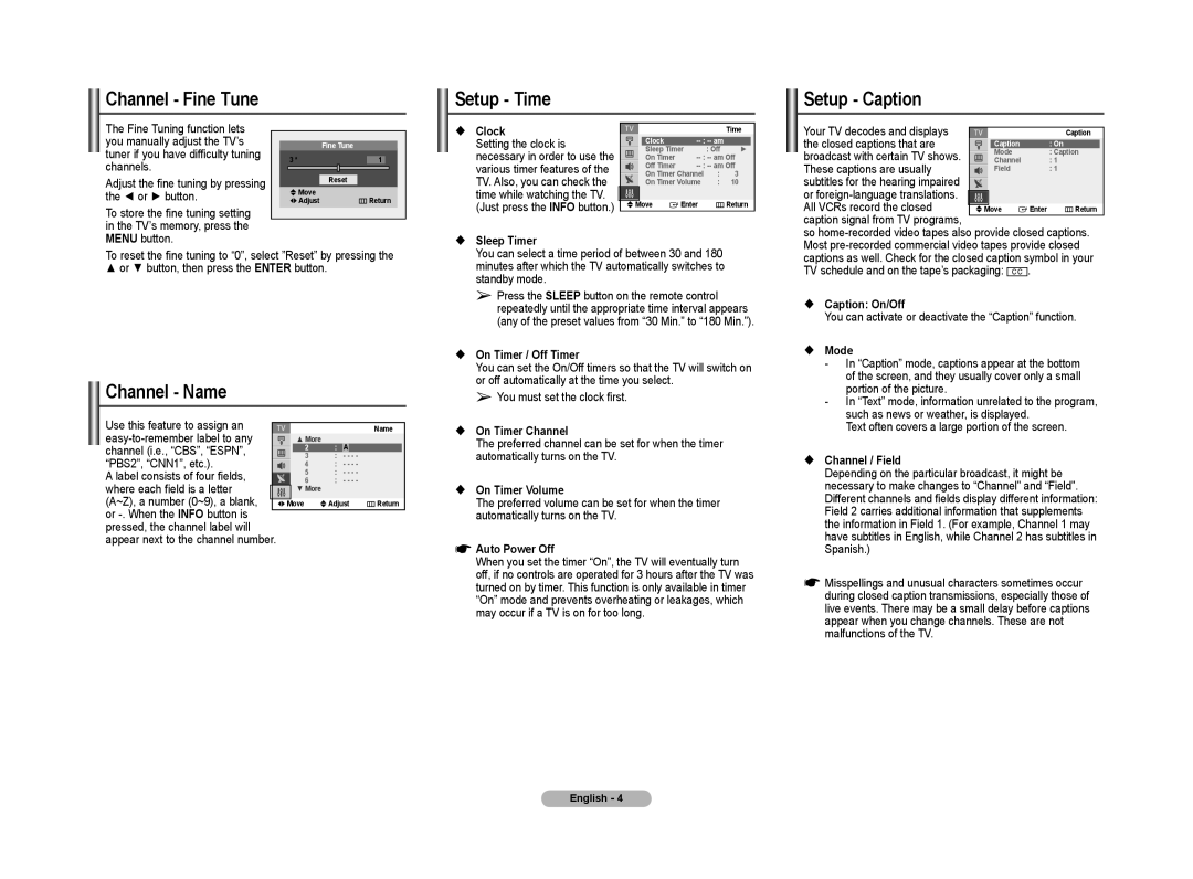 Samsung TX-T2041X, TX-T2042X manual Channel Fine Tune Setup Time Setup Caption, Channel Name, Closed captions that are 