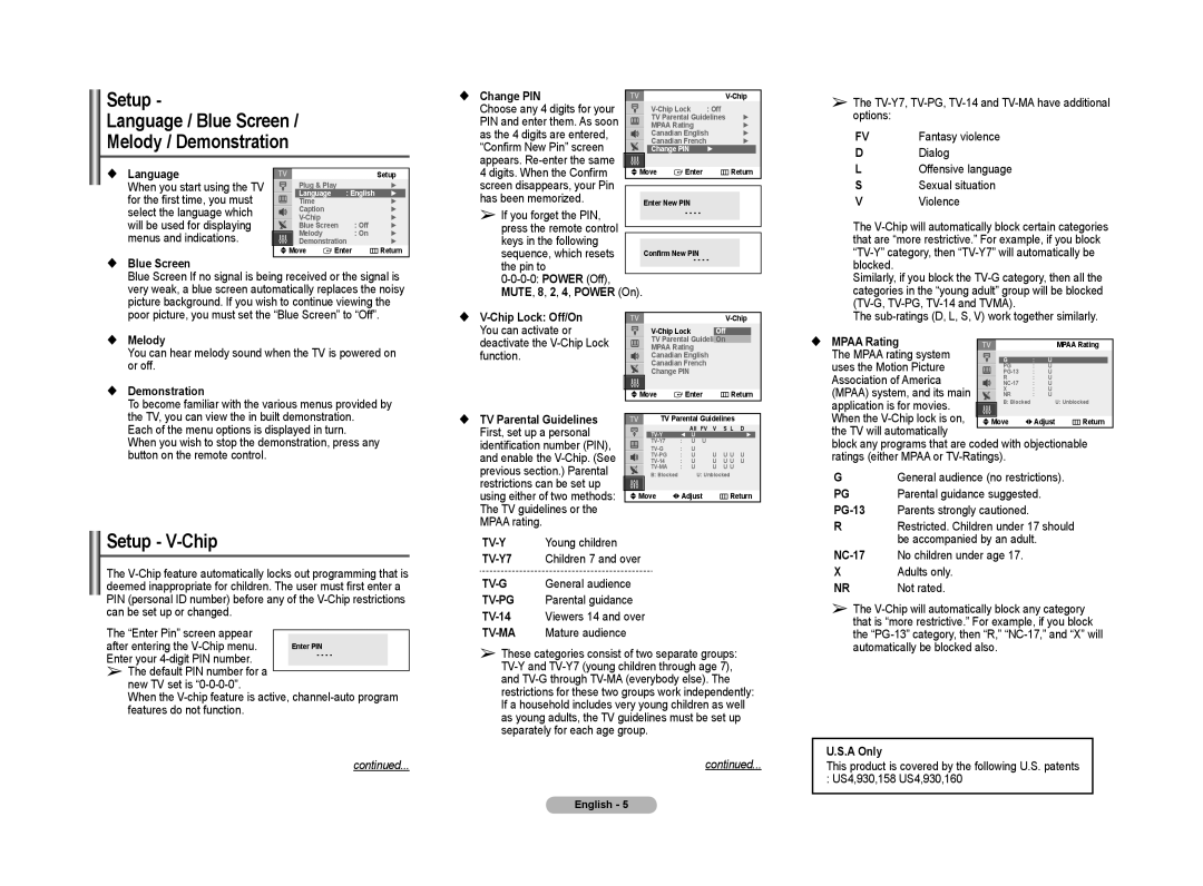 Samsung TX-T2042X, TX-T2041X manual Setup Language / Blue Screen Melody / Demonstration, Setup V-Chip 