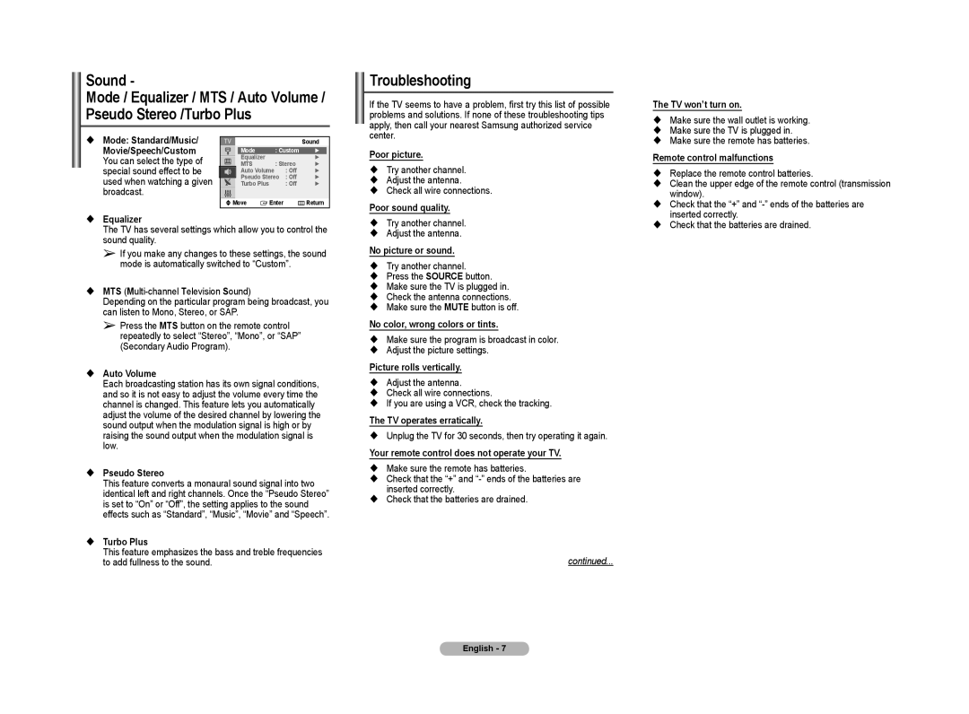 Samsung TX-T2042X, TX-T2041X TV won’t turn on, Make sure the TV is plugged, Poor picture, Poor sound quality,  Equalizer 