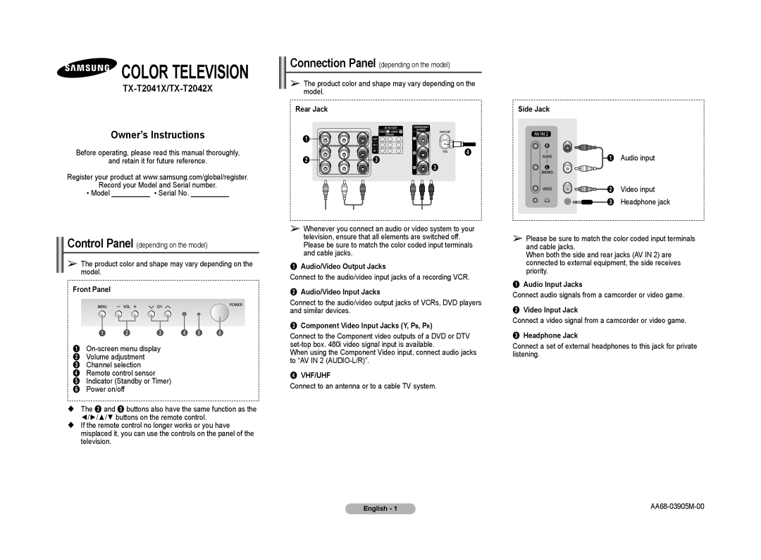 Samsung manual TX-T2041X/TX-T2042X, Color Television, Owner’s Instructions 