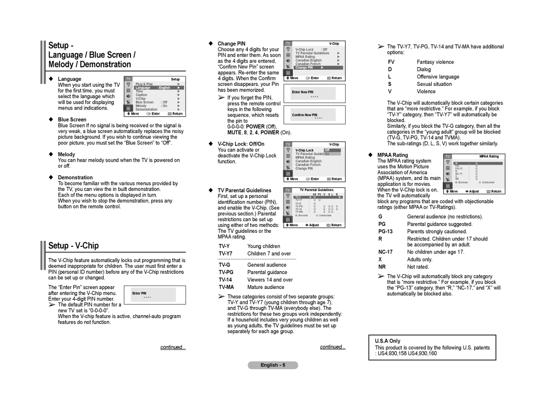 Samsung TX-T2042X, TX-T2041X manual Setup Language / Blue Screen Melody / Demonstration, Setup - V-Chip, continued 