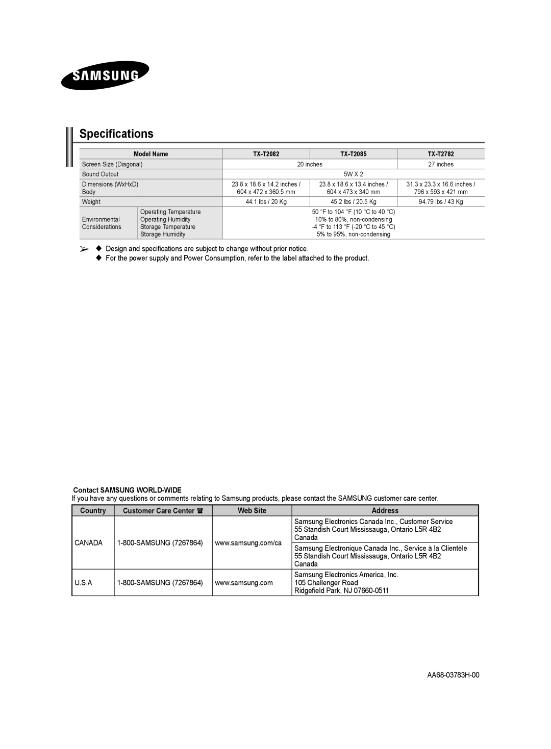 Samsung TX-T2782, TX-T2085, TX-T2082 specifications Specifications, Contact Samsung WORLD-WIDE, Country, Web Site Address 