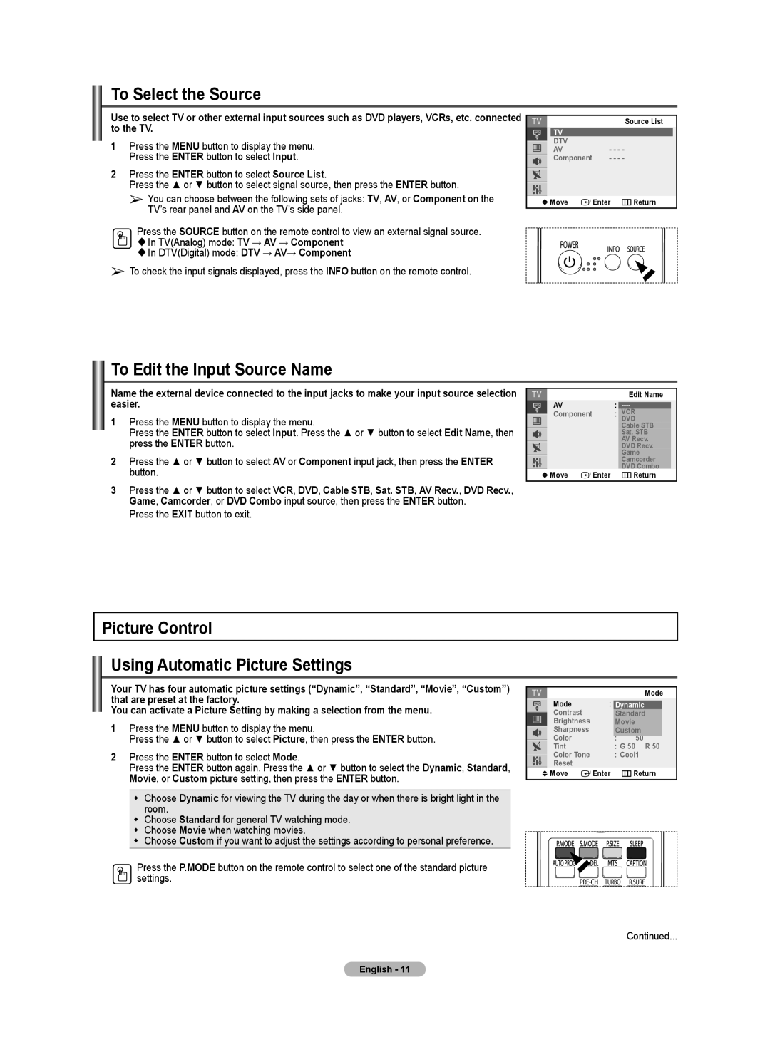 Samsung TX-T2085 To Select the Source, To Edit the Input Source Name, Picture Control Using Automatic Picture Settings 