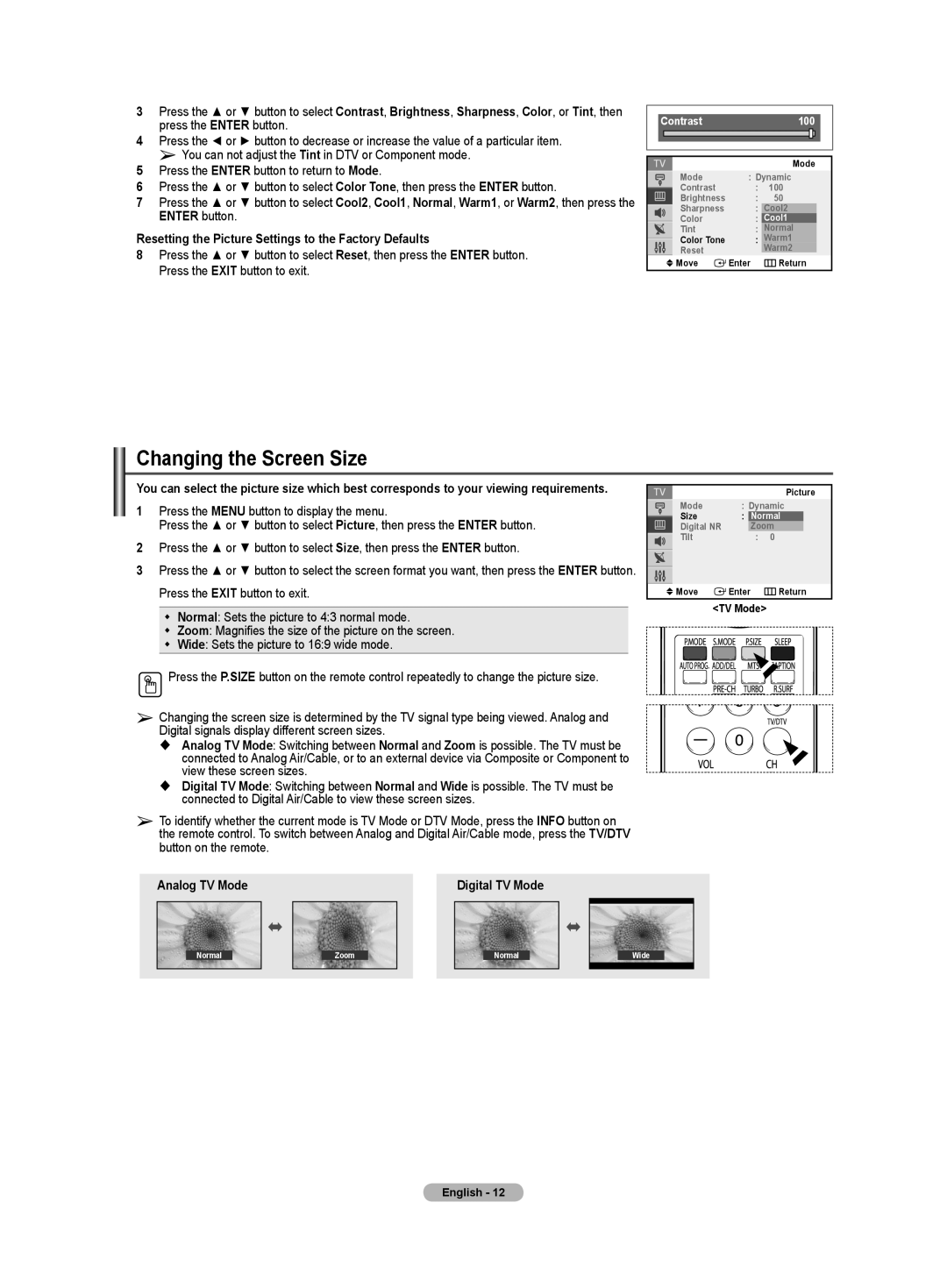 Samsung TX-T2782, TX-T2085 Changing the Screen Size, Resetting the Picture Settings to the Factory Defaults, Cool1, Normal 