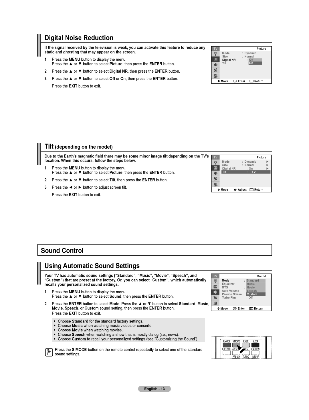 Samsung TX-T2082, TX-T2085, TX-T2782 specifications Digital Noise Reduction, Sound Control Using Automatic Sound Settings 